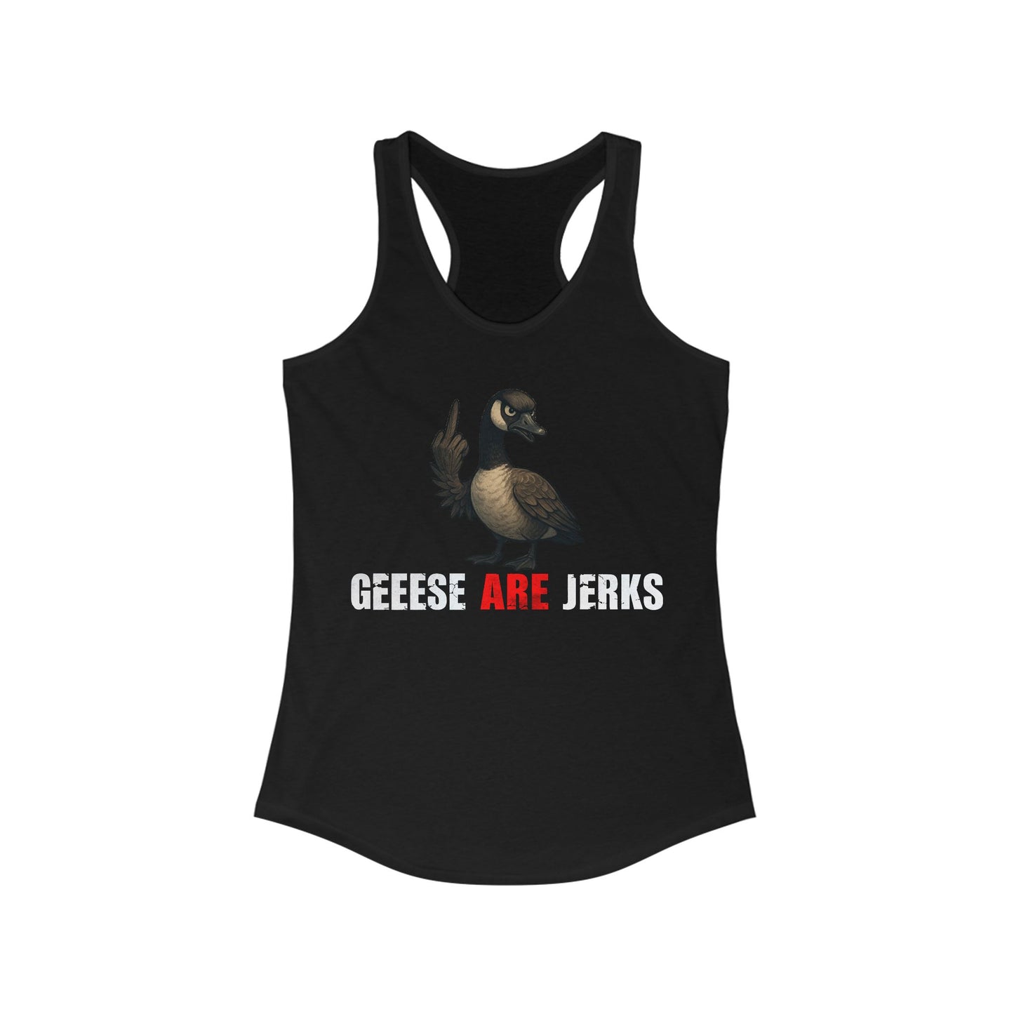 The duplium Lumberjills Geese Are Jerks Tank is a soft, lightweight racerback featuring a black design with a goose flipping the bird and “GEESE ARE JERKS” text in bold white and red for all-day comfort.